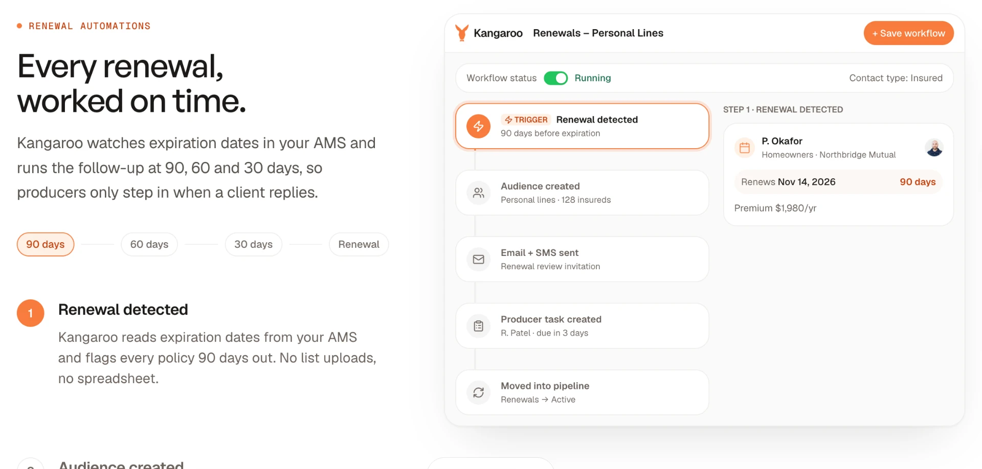 Kangaroo renewal automation workflow running on a book of business